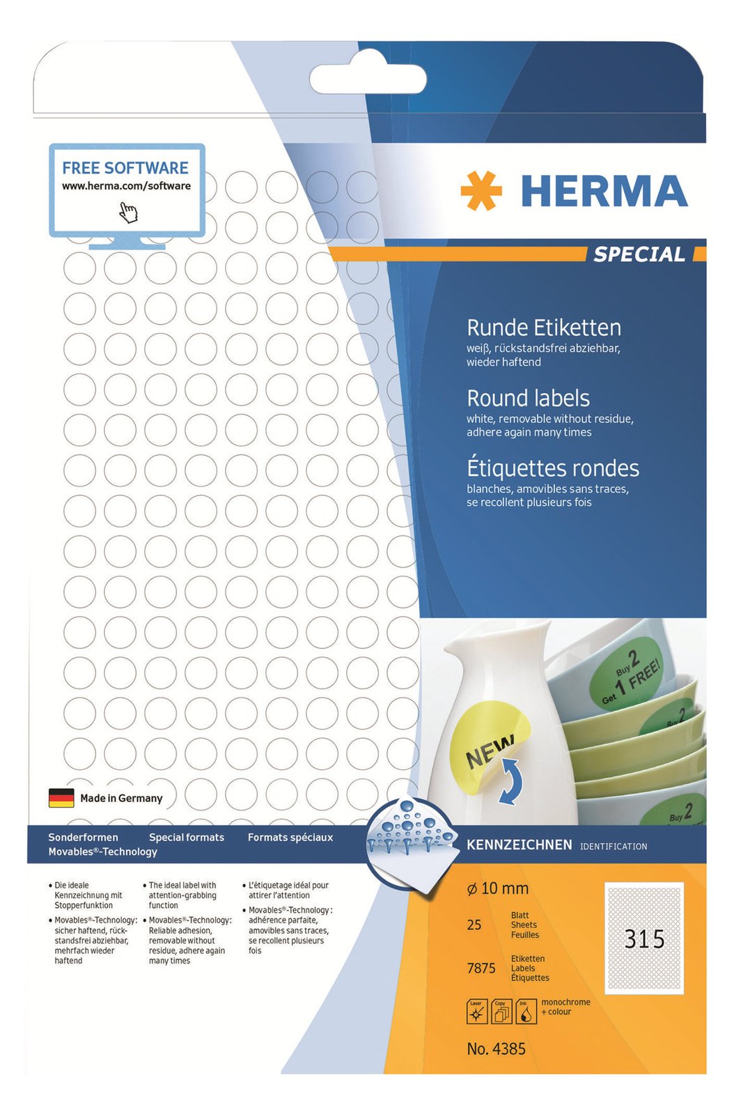 HERMA Special - Papier - matt - selbstklebend, entfernbarer Klebstoff - weiß - 10 mm rund 7875 Etiketten