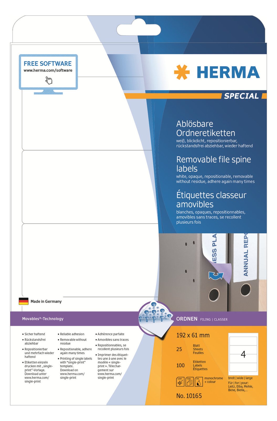HERMA Special - Papier - matt - selbstklebend, entfernbarer Klebstoff - weiß - 192 x 61 mm 100 Etikett(en)(25 Bogen x 4)