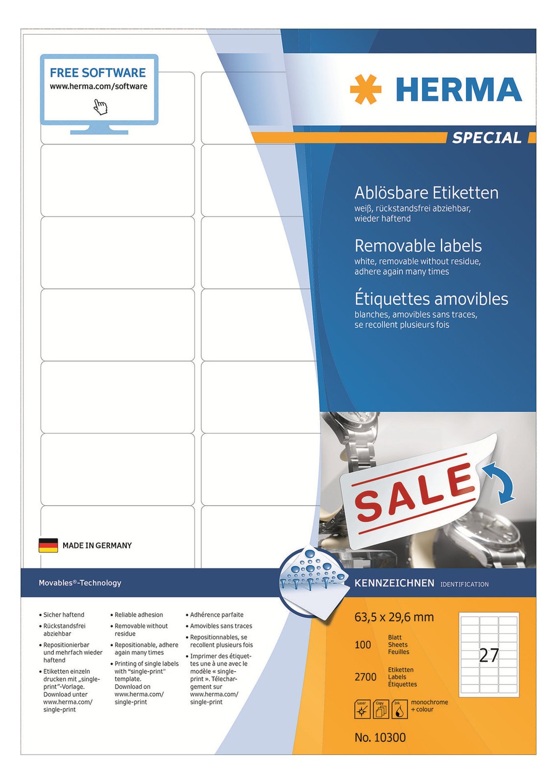 HERMA Special - Papier - matt - selbstklebend, entfernbarer Klebstoff - weiß - 63.5 x 29.6 mm 2700 Etikett(en)