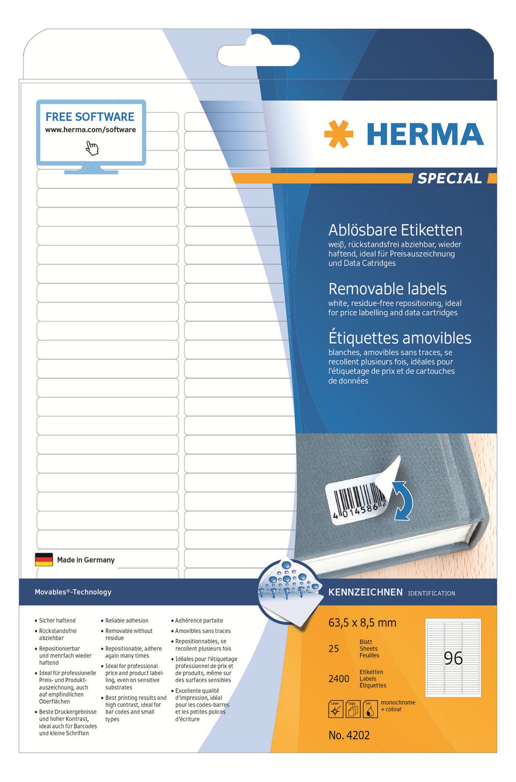 HERMA Special - Papier - matt - selbstklebend, entfernbarer Klebstoff - weiß - 63.5 x 8.5 mm 2400 Etikett(en)