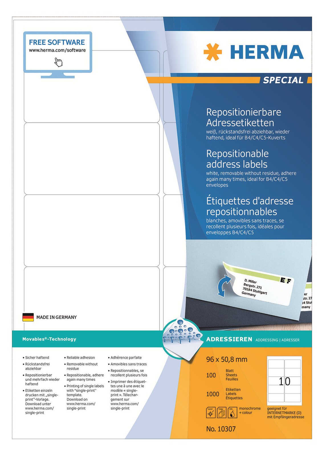 HERMA Special - Papier - matt - selbstklebend, neu positionierbar - weiß - 96 x 50.8 mm 1000 Etiketten (100 Bogen x 10)