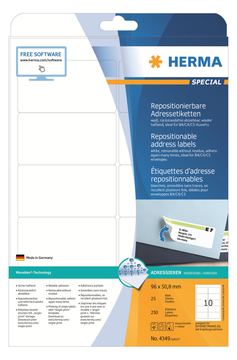 HERMA Special - Papier - matt - selbstklebend, neu positionierbar - weiß - 96 x 50.8 mm 250 Etikett(en) (25 Bogen x 10) von LumaTech