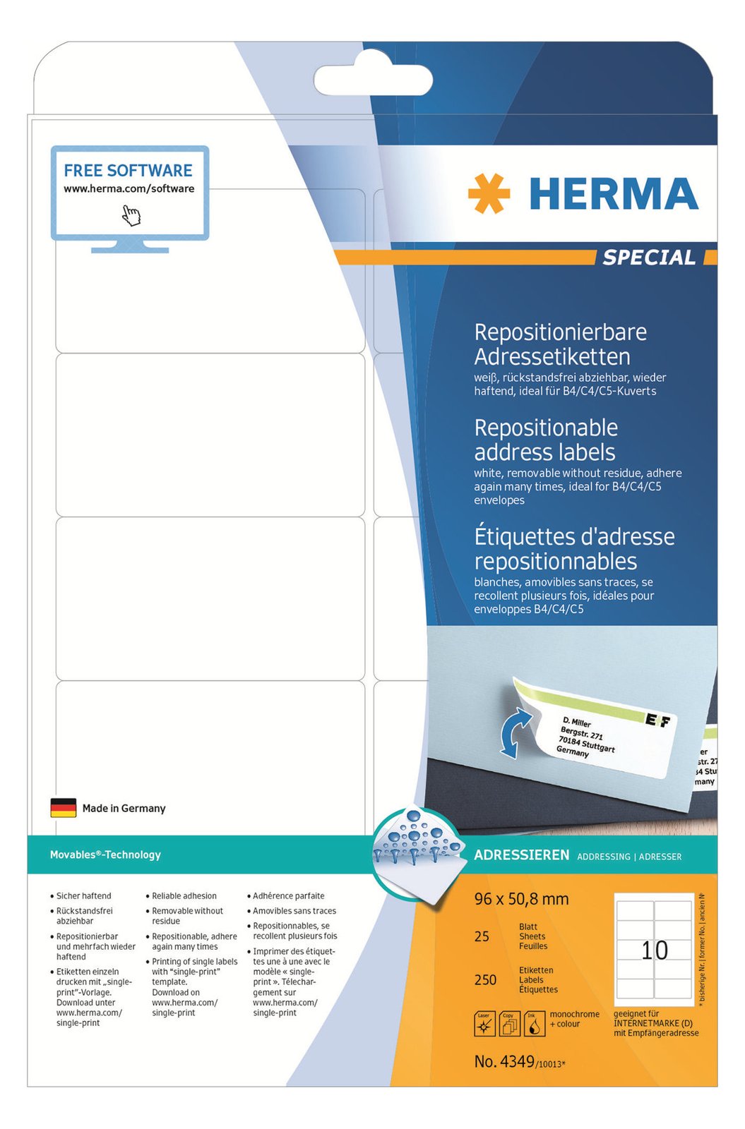 HERMA Special - Papier - matt - selbstklebend, neu positionierbar - weiß - 96 x 50.8 mm 250 Etikett(en) (25 Bogen x 10)