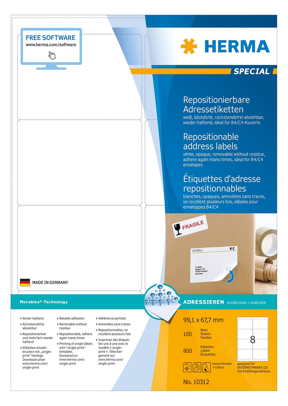 HERMA Special - Papier - matt - selbstklebend, neu positionierbar - weiß - 99.1 x 67.7 mm 800 Etikett(en)(100 Bogen x 8)