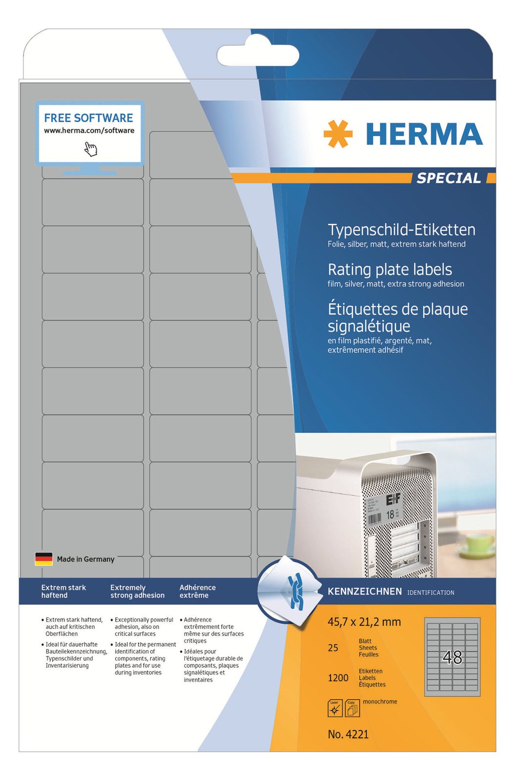 HERMA Special - Polyester - matt - permanent selbstklebend - Silber - 45.7 x 21.2 mm 1200 Etikett(en) (25 Bogen x 48)