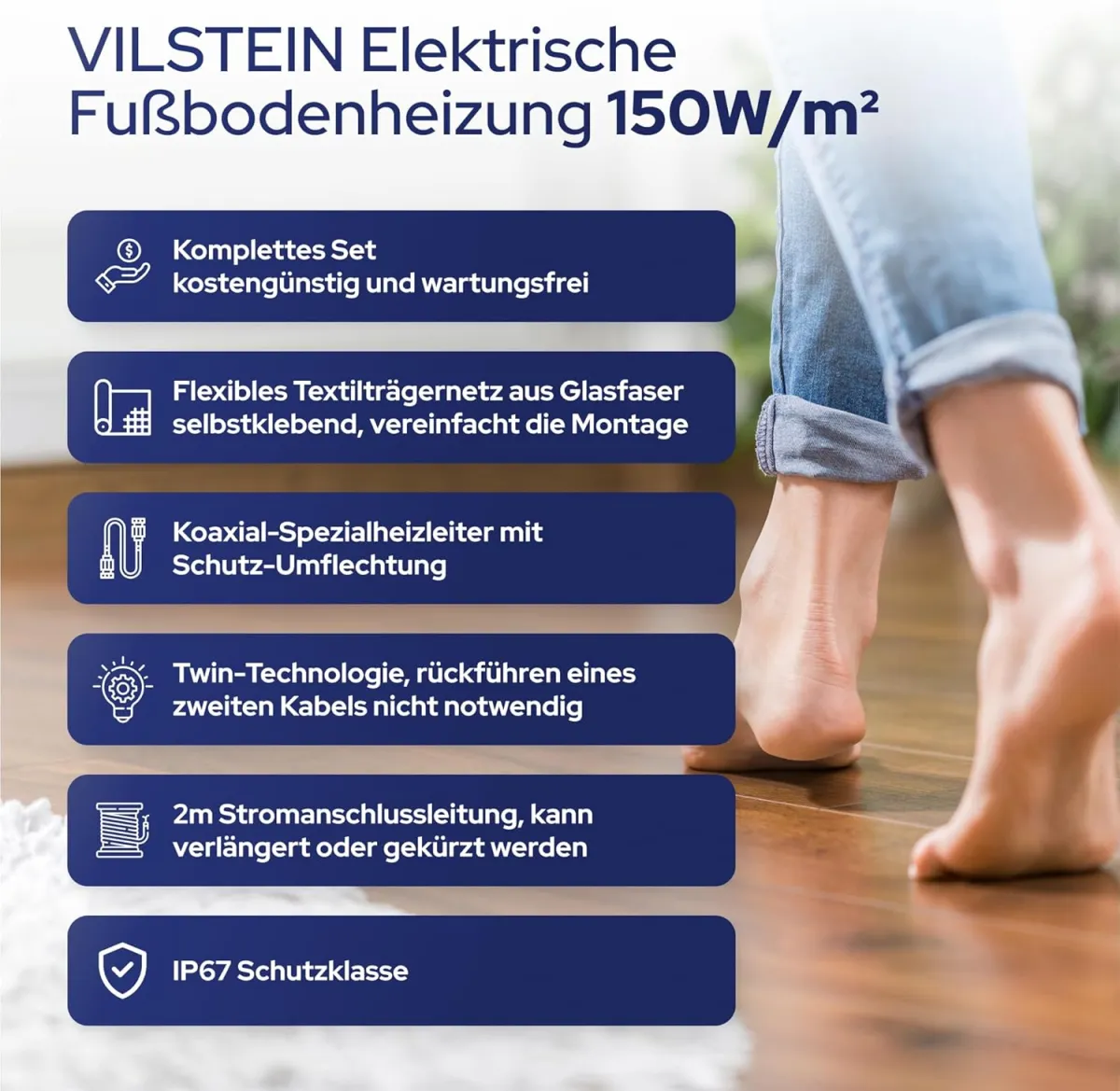 VILSTEIN® Elektrische Fußbodenheizung [150W/m²] - Bodenheizung Elektrisch geeignet für Laminat, Fliesen & mehr - Elektro Fussbodenheizung - Elektrische Heizmatte Fußboden - (8x0.5m - 4qm) — Bild 3