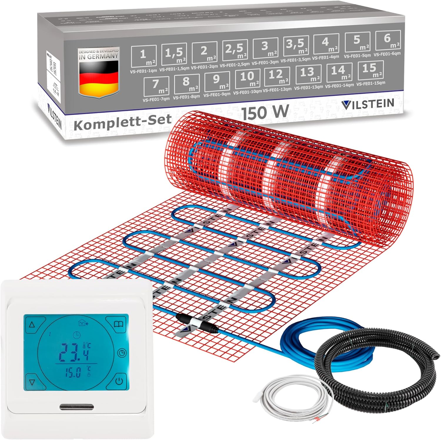 VILSTEIN® Elektrische Fußbodenheizung [150W/m²] - Bodenheizung Elektrisch geeignet für Laminat, Fliesen & mehr - Elektro Fussbodenheizung - Elektrische Heizmatte Fußboden - (8x0.5m - 4qm)