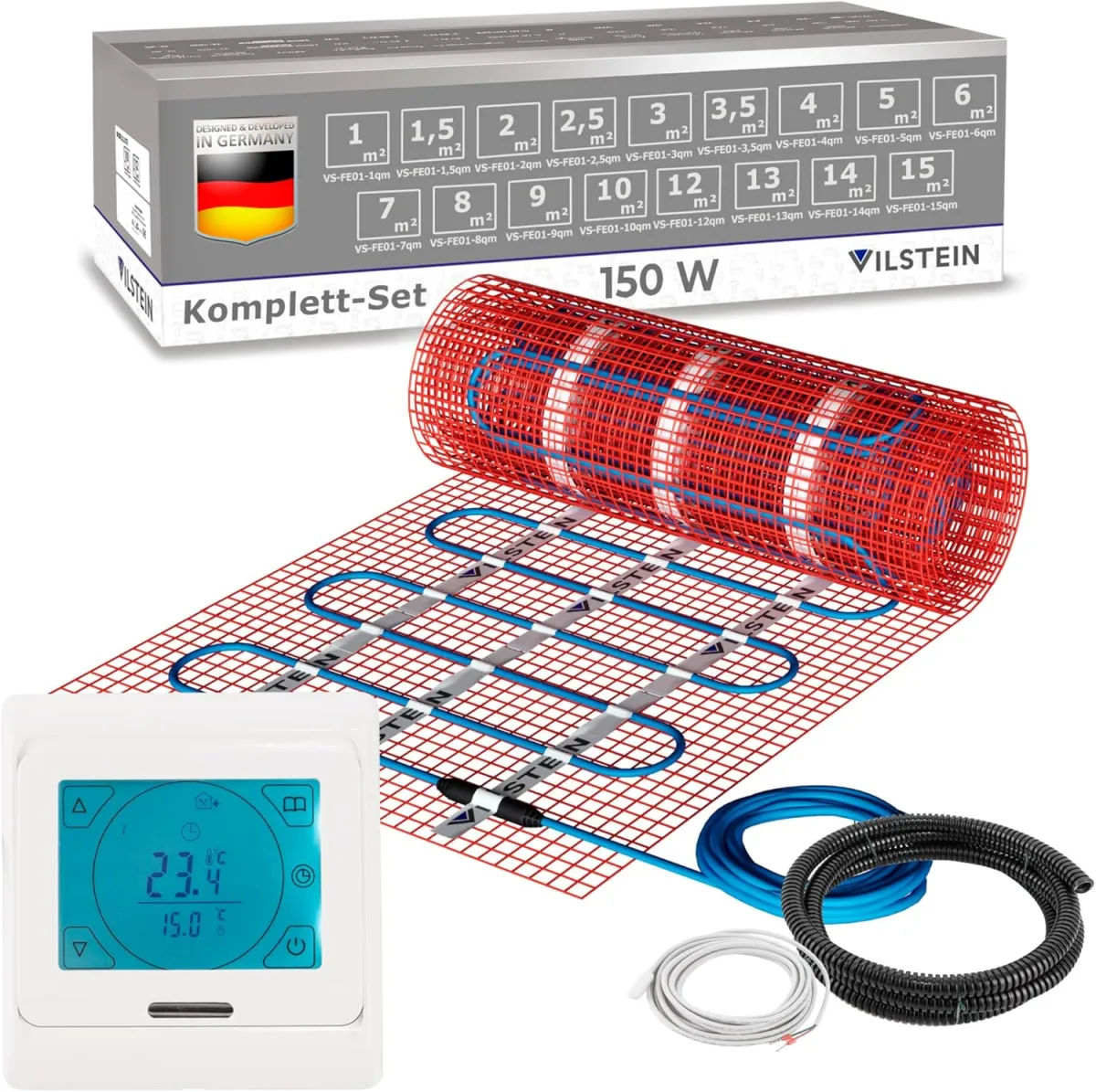 VILSTEIN® Elektrische Fußbodenheizung [150W/m²] - Bodenheizung Elektrisch geeignet für Laminat, Fliesen & mehr - Elektro Fussbodenheizung - Elektrische Heizmatte Fußboden - (8x0.5m - 4qm)
