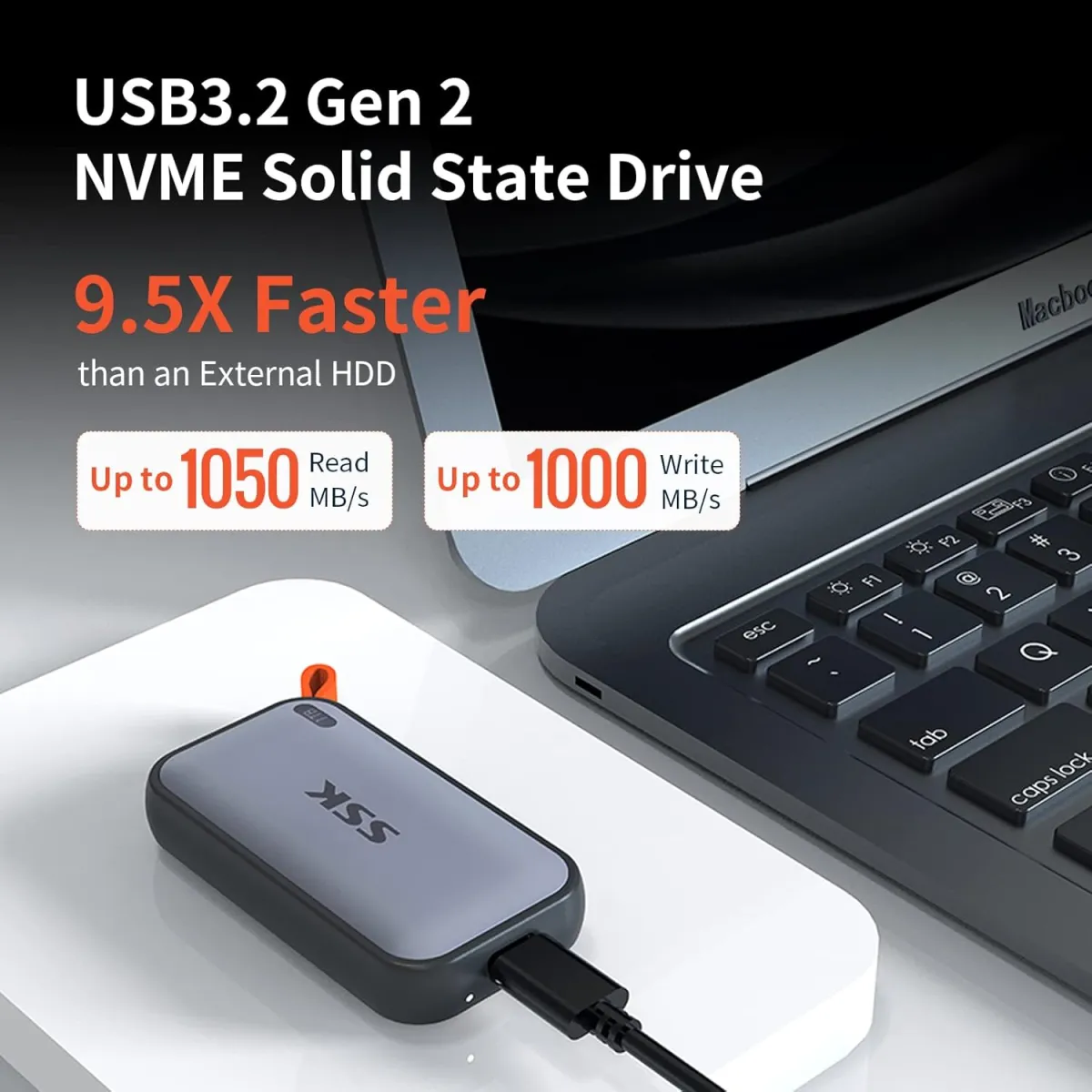 SSK 1 TB tragbare Externe NVME-SSD, bis zu 1050 MB/s, Extreme Übertragungsgeschwindigkeit, USB 3.2 Gen 2 Solid State Drive für Typ-C-Smartphones, PS5, Xbox, Laptop, MacBook/Pro/Air und mehr — Bild 2