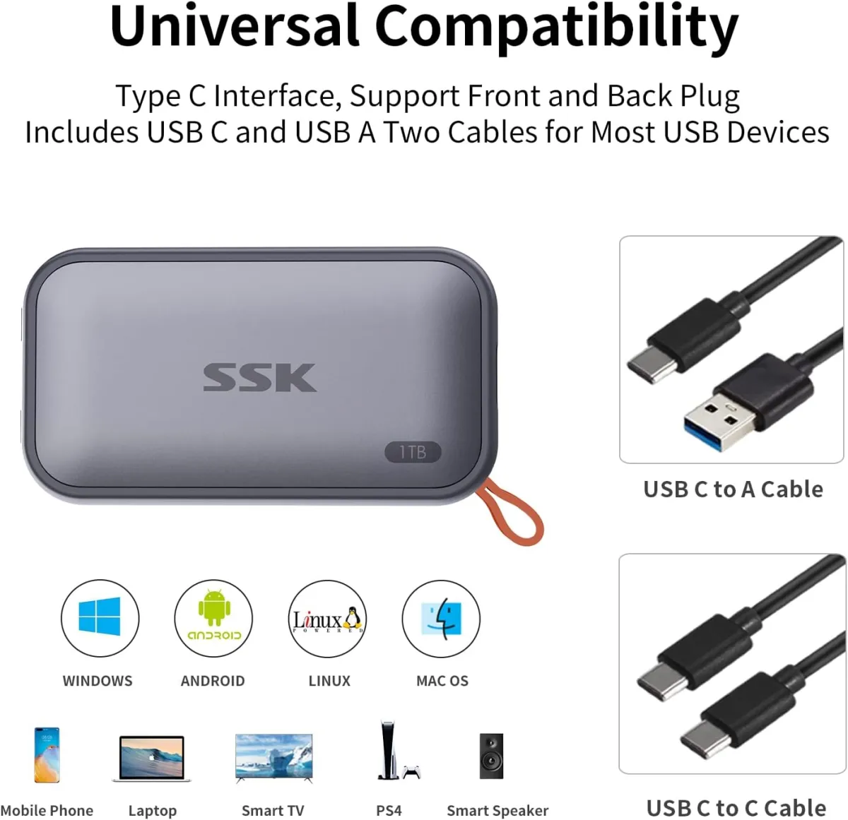SSK 1 TB tragbare Externe NVME-SSD, bis zu 1050 MB/s, Extreme Übertragungsgeschwindigkeit, USB 3.2 Gen 2 Solid State Drive für Typ-C-Smartphones, PS5, Xbox, Laptop, MacBook/Pro/Air und mehr — Bild 4