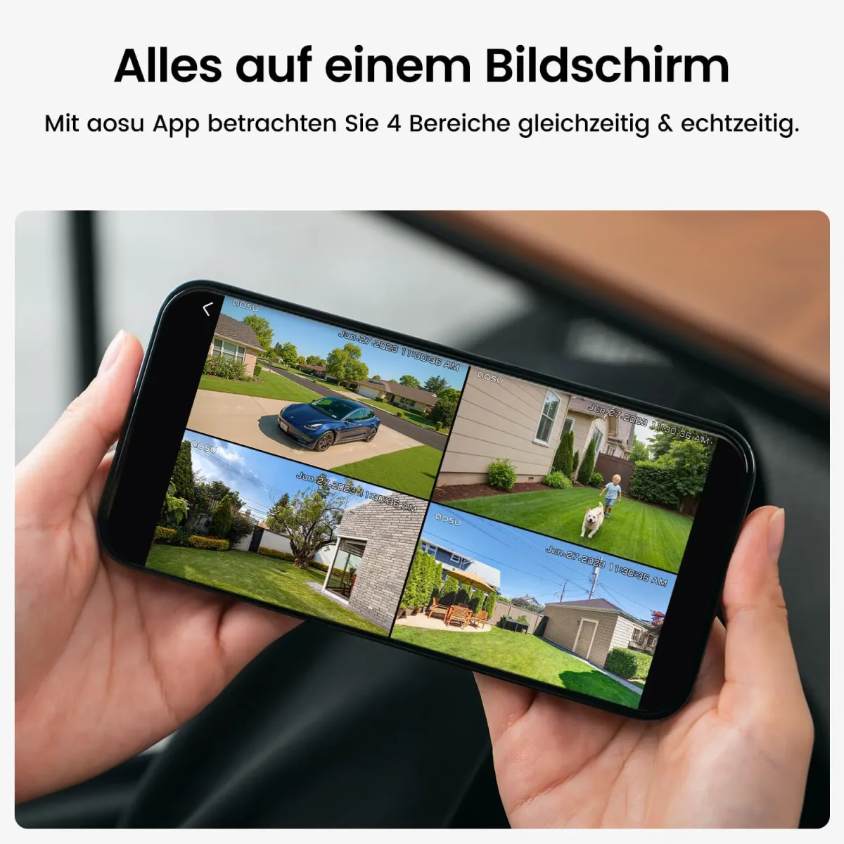 aosu 2K Überwachungskamera Aussen Solar Akku 2 Cam-Kit mit aosuBase Integrierte Solarplatte,Kein ABO Erforderlich 32GB Lokaler Speicher AI Personerkennung 2-Wege-Audio Farbige Nachtsicht IP65 — Bild 5