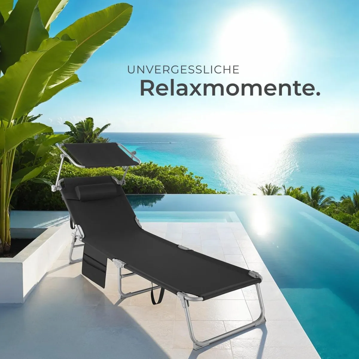 Sonnenliege klappbar, tragbar, Liege mit Seitentasche, Strandliege, Gartenliege mit Dach, Liegestuhl mit Verstellbarer Rückenlehne, inkl. Kopfkissen - für Balkon, Terrasse, Camping — Bild 8