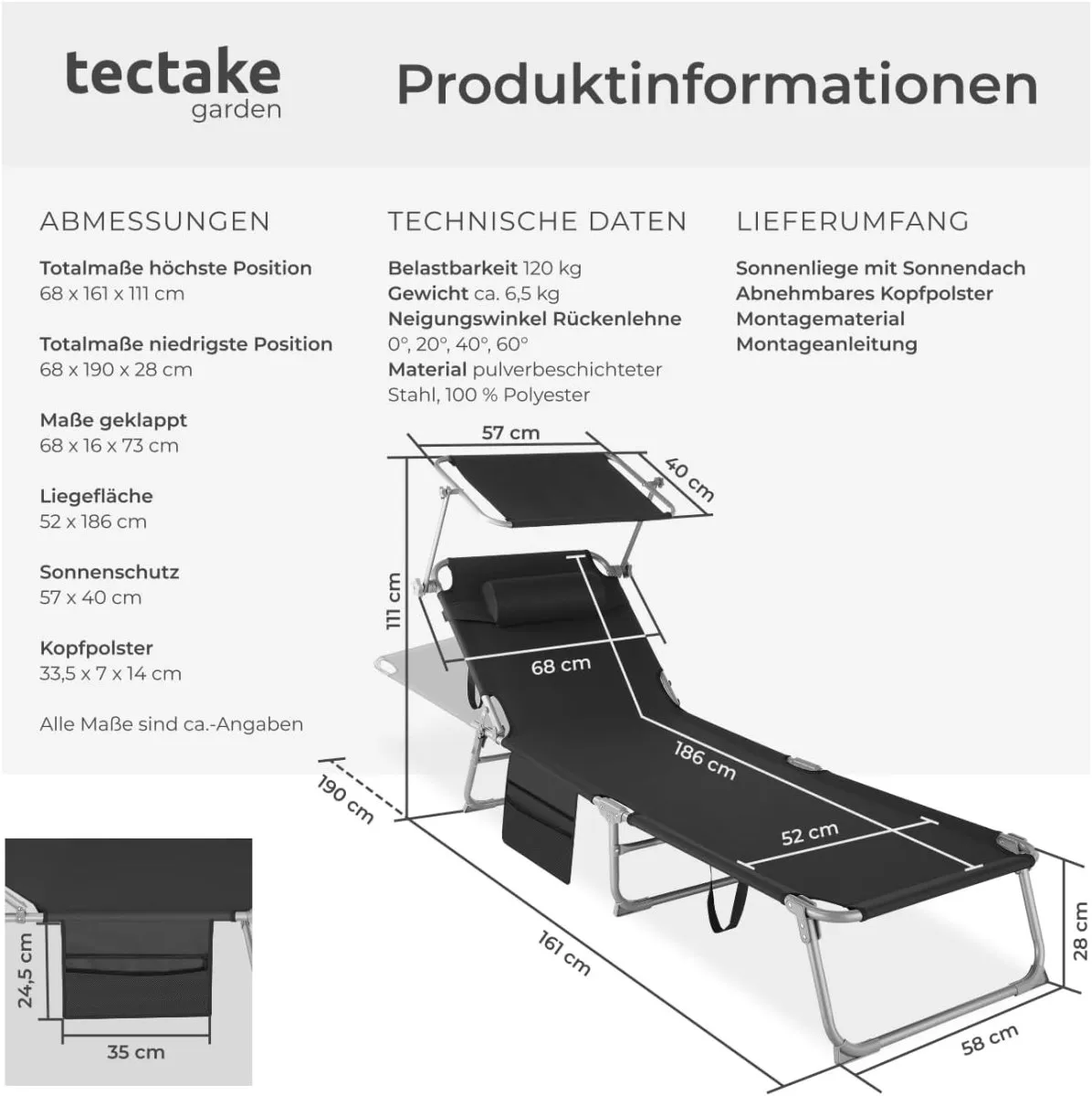 Sonnenliege klappbar, tragbar, Liege mit Seitentasche, Strandliege, Gartenliege mit Dach, Liegestuhl mit Verstellbarer Rückenlehne, inkl. Kopfkissen - für Balkon, Terrasse, Camping — Bild 2