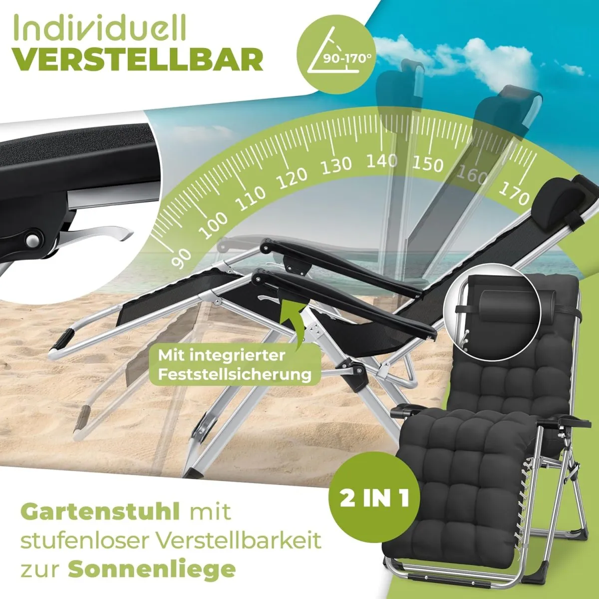 Sonnenliege Liegestuhl Klappbar & Wetterfest, Gartenstuhl Belastbar 200kg Ergonomisches Polster Extra Breit Verstellbare Rückenlehne Gartenliege inkl. Nackenkissen & Getränkehalter — Bild 6