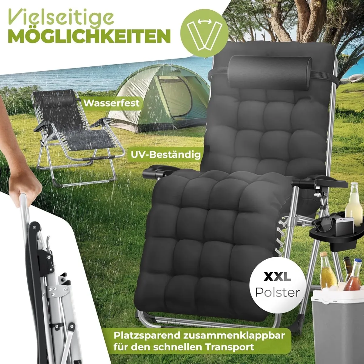 Sonnenliege Liegestuhl Klappbar & Wetterfest, Gartenstuhl Belastbar 200kg Ergonomisches Polster Extra Breit Verstellbare Rückenlehne Gartenliege inkl. Nackenkissen & Getränkehalter — Bild 7