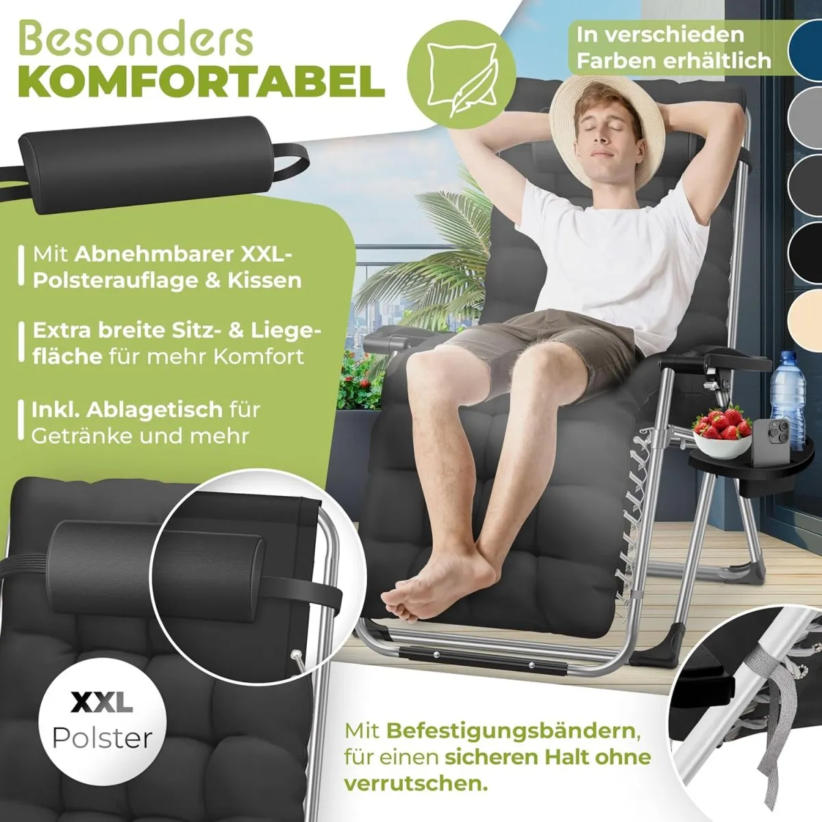 Sonnenliege Liegestuhl Klappbar & Wetterfest, Gartenstuhl Belastbar 200kg Ergonomisches Polster Extra Breit Verstellbare Rückenlehne Gartenliege inkl. Nackenkissen & Getränkehalter — Bild 3