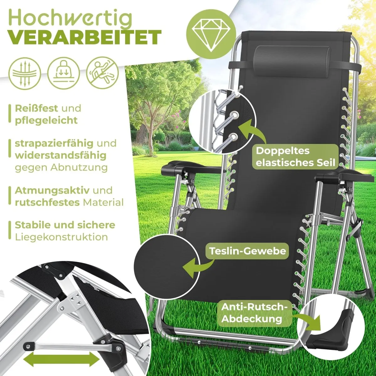 Sonnenliege Liegestuhl Klappbar & Wetterfest, Gartenstuhl Belastbar 200kg Ergonomisches Polster Extra Breit Verstellbare Rückenlehne Gartenliege inkl. Nackenkissen & Getränkehalter — Bild 5