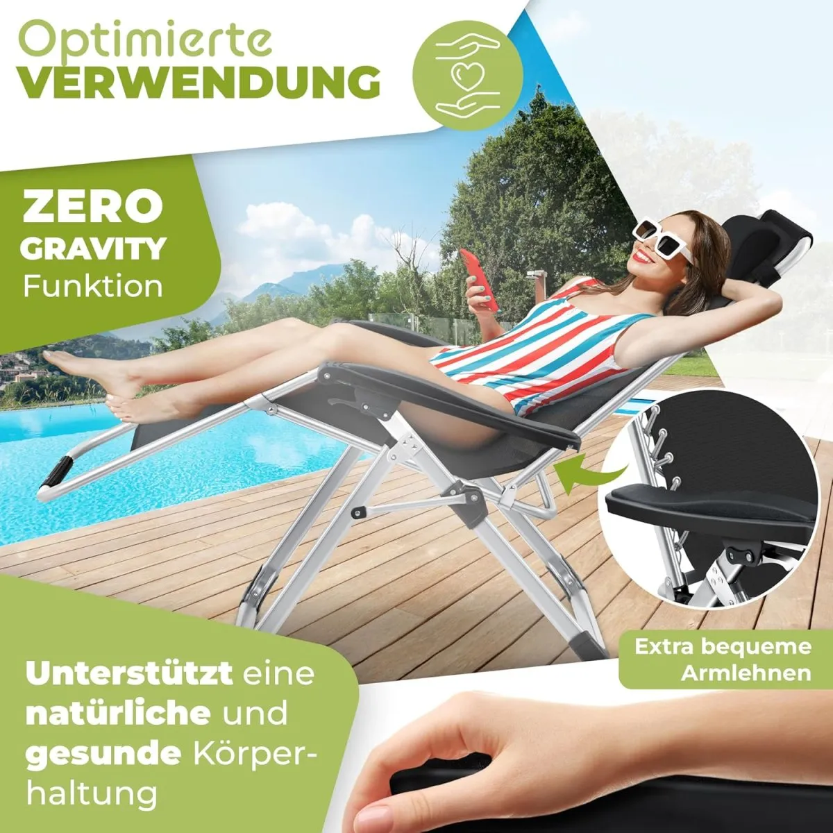 Sonnenliege Liegestuhl Klappbar & Wetterfest, Gartenstuhl Belastbar 200kg Ergonomisches Polster Extra Breit Verstellbare Rückenlehne Gartenliege inkl. Nackenkissen & Getränkehalter — Bild 4