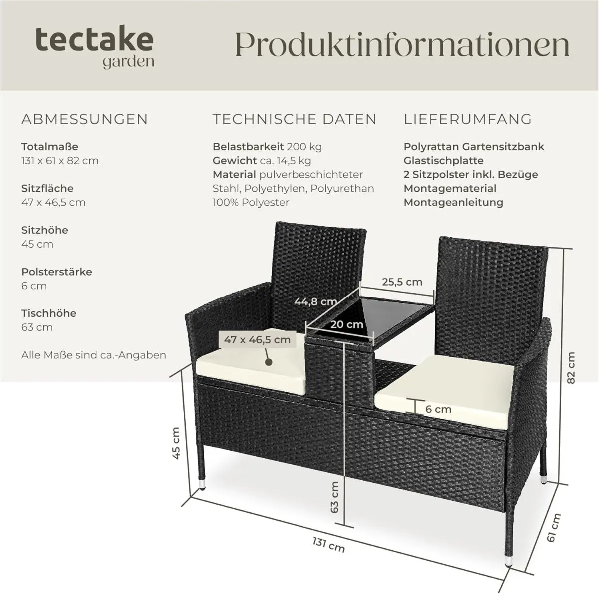 Outdoor Sitzbank mit integriertem Tisch, Gartenbank Lounge Sitzgruppe für 2, für Wintergarten, Balkon, Rattan Gartenmöbel — Bild 6