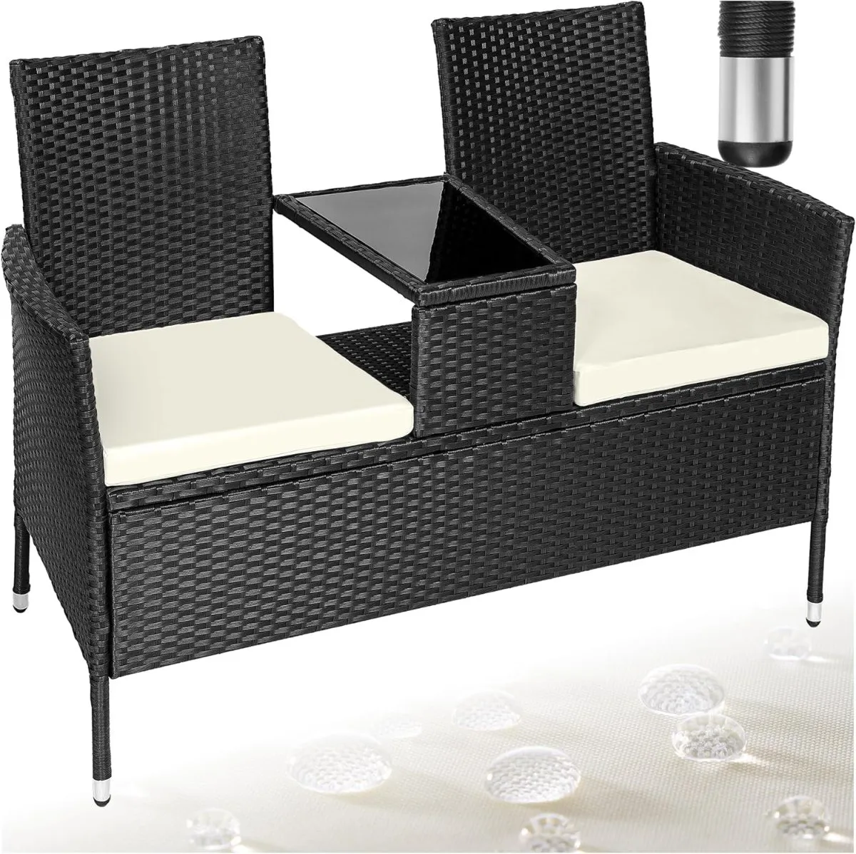 Outdoor Sitzbank mit integriertem Tisch, Gartenbank Lounge Sitzgruppe für 2, für Wintergarten, Balkon, Rattan Gartenmöbel
