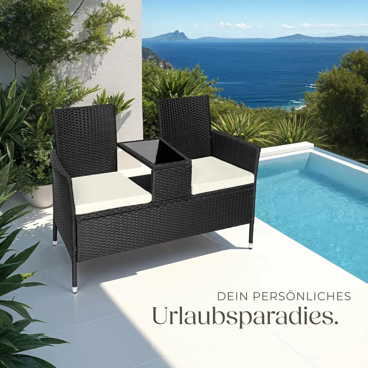 Outdoor Sitzbank mit integriertem Tisch, Gartenbank Lounge Sitzgruppe für 2, für Wintergarten, Balkon, Rattan Gartenmöbel — Bild 8