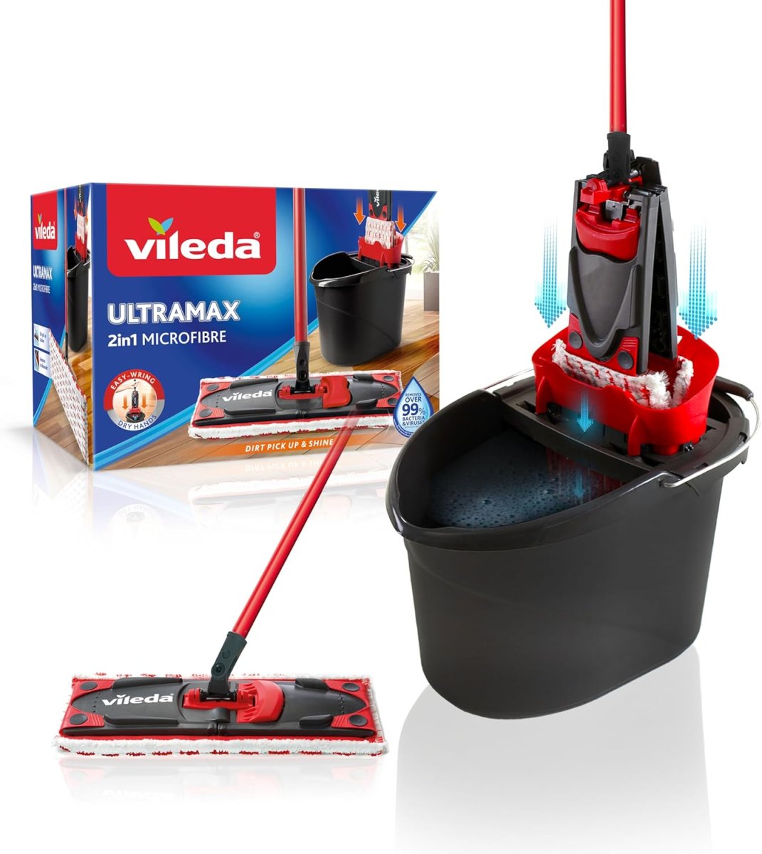 Vileda Ultramax 2in1 Bodenwischer Komplett Set, Wischmopp mit Stiel, Mikrofaserbezug und Eimer mit Powerpresse, für alle Hartböden