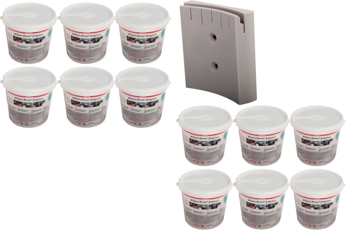Bundle: Original ZVG Wiper Bowl Polytex + Wandhalter – 2er Set (6x ZVG Bowl,1x Halter), feuchte Reinigungstücher Spender-Eimer, Polypropylen Wischtücher für Industrie, Werkstatt, KFZ, Auto