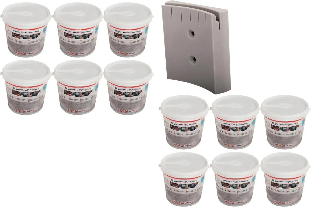 Bundle: Original ZVG Wiper Bowl Polytex + Wandhalter – 2er Set (6x ZVG Bowl,1x Halter), feuchte Reinigungstücher Spender-Eimer, Polypropylen Wischtücher für Industrie, Werkstatt, KFZ, Auto