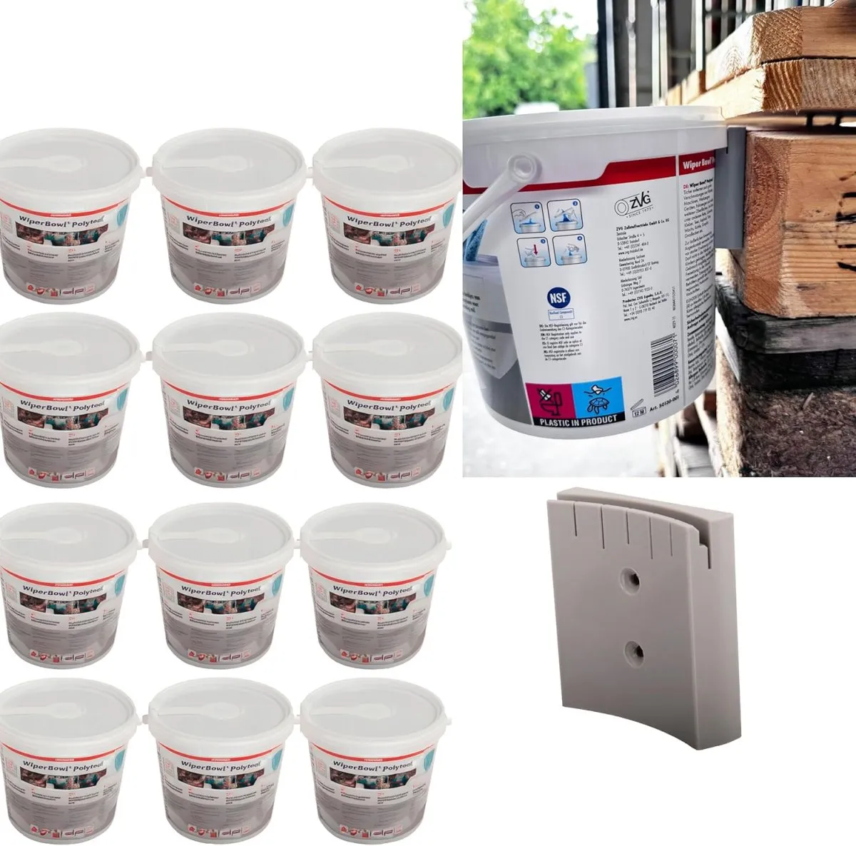 Bundle: Original ZVG Wiper Bowl Polytex + Wandhalter – 2er Set (6x ZVG Bowl,1x Halter), feuchte Reinigungstücher Spender-Eimer, Polypropylen Wischtücher für Industrie, Werkstatt, KFZ, Auto — Bild 2