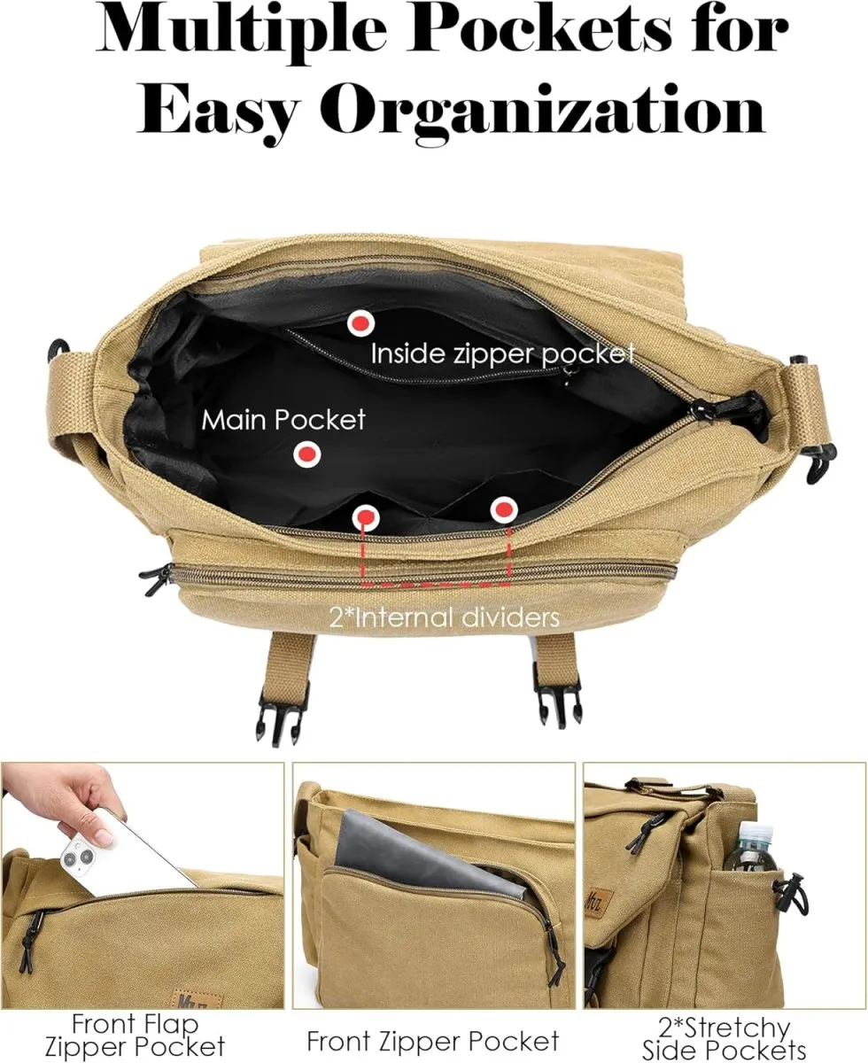 Robuste Canvas Messenger Bag mit Mehreren Taschen & Verstellbarem Gurt, Vintage Crossbody Bag Hobo Arbeitstasche Unisex Schultertasche für Beruf, Reise, Alltag — Bild 3