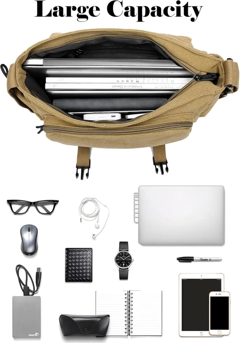 Robuste Canvas Messenger Bag mit Mehreren Taschen & Verstellbarem Gurt, Vintage Crossbody Bag Hobo Arbeitstasche Unisex Schultertasche für Beruf, Reise, Alltag — Bild 5