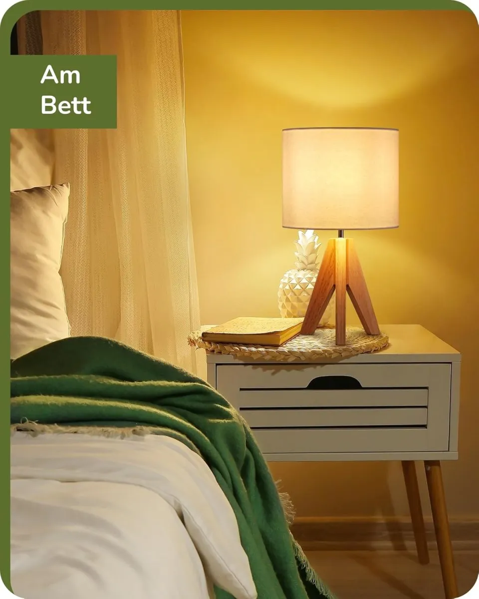 EDISHINE 2er Set Tischlampe Holz, LED Nachttischlampe mit beigem Leinen-Lampenschirm, E27 Fassung, inkl. Leuchtmittel, Vintage Tischleuchte für Schlafzimmer, Wohnzimmer, Geschenk — Bild 2