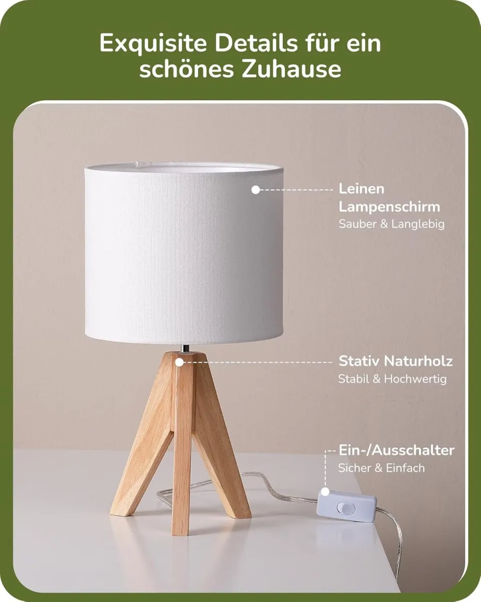 EDISHINE 2er Set Tischlampe Holz, LED Nachttischlampe mit beigem Leinen-Lampenschirm, E27 Fassung, inkl. Leuchtmittel, Vintage Tischleuchte für Schlafzimmer, Wohnzimmer, Geschenk — Bild 4