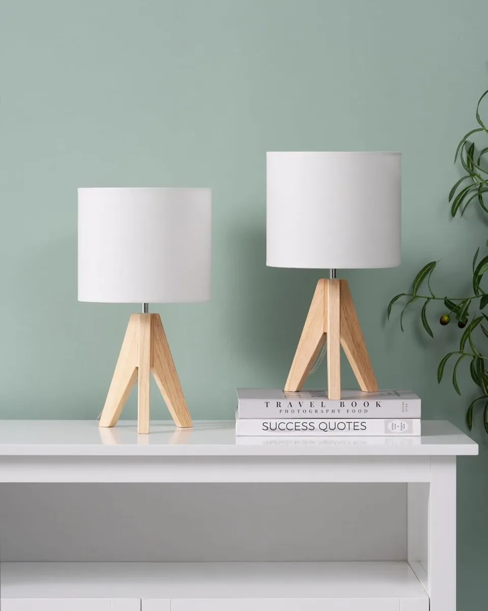 EDISHINE 2er Set Tischlampe Holz, LED Nachttischlampe mit beigem Leinen-Lampenschirm, E27 Fassung, inkl. Leuchtmittel, Vintage Tischleuchte für Schlafzimmer, Wohnzimmer, Geschenk