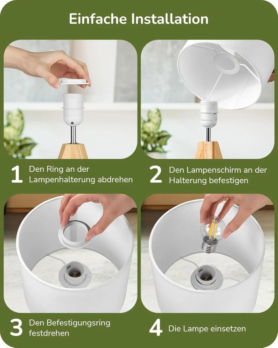 EDISHINE 2er Set Tischlampe Holz, LED Nachttischlampe mit beigem Leinen-Lampenschirm, E27 Fassung, inkl. Leuchtmittel, Vintage Tischleuchte für Schlafzimmer, Wohnzimmer, Geschenk — Bild 5