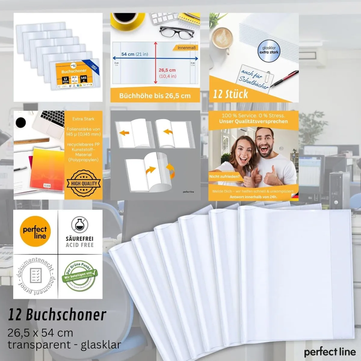 perfect line – 12x Buchumschlag 26,5 cm Höhe – Schulbuchhülle extra stabil aus PP – Buchschoner glasklar, transparent, abwischbar – Hülle bis 54 cm Breite – Made in EU – ideal für Bücher — Bild 6