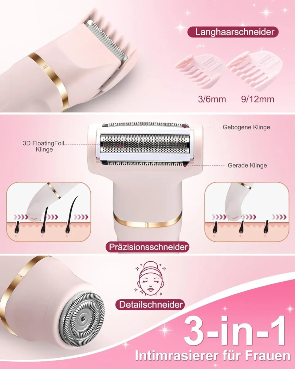 Rasierer Damen,3-In-1 Intimrasierer für Frauen,Gesichtshaarentferner für Frauen,Damenrasierer Elektrisch für Beine, Arme, Achseln und Bikinizone,Wiederaufladbarer Ipx7 Wasserdicht Trimmer Damen, Rosa — Bild 2