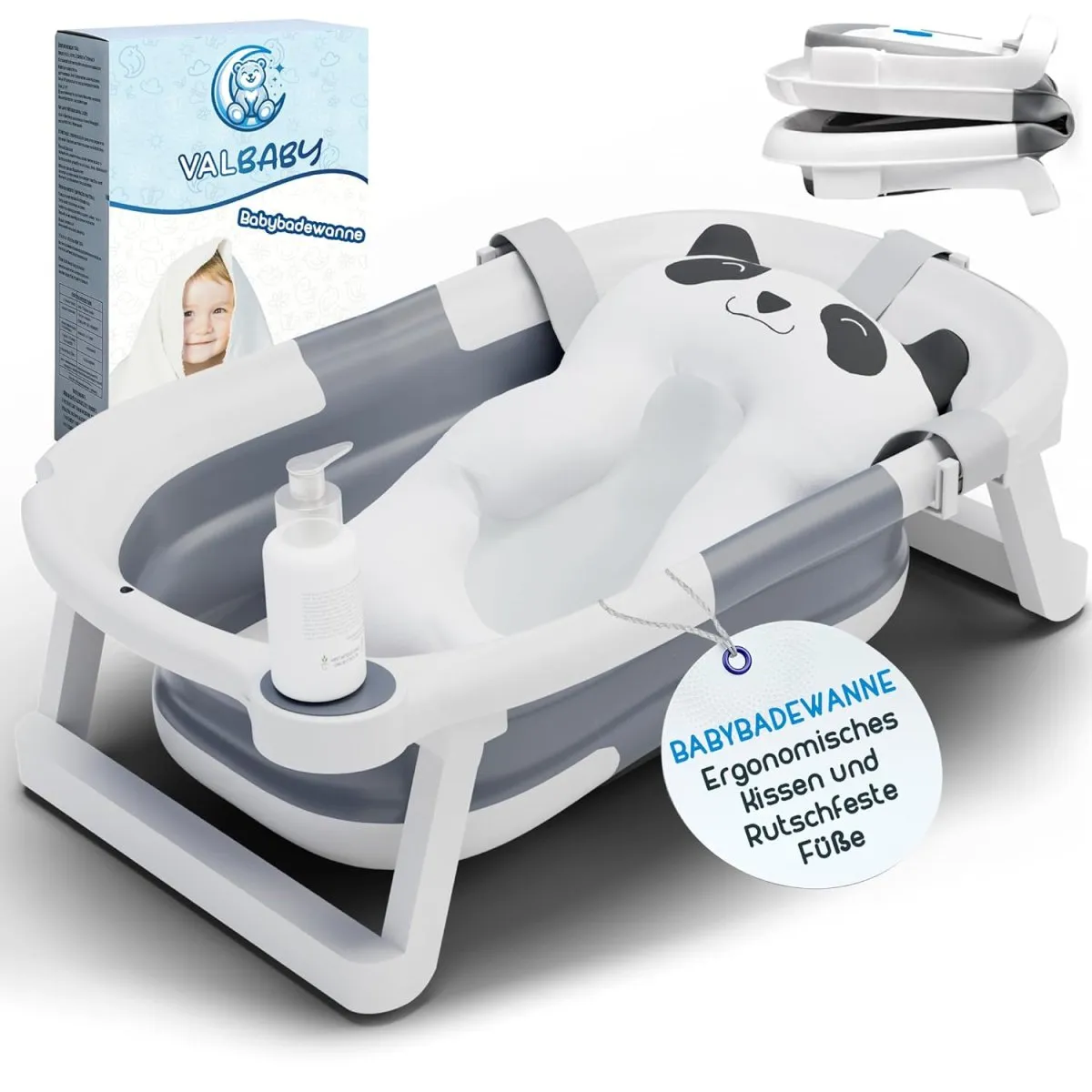 Baby Badewanne Faltbar Antirutsch Ergonomisch Neugeborene Bis 2 Jahre mit Panda Kissen Groß und gepolstert Faltbare Babybadewanne Babywanne Tragbare Wanne Leicht Zu Reinigen BathTub Bath VALBABY