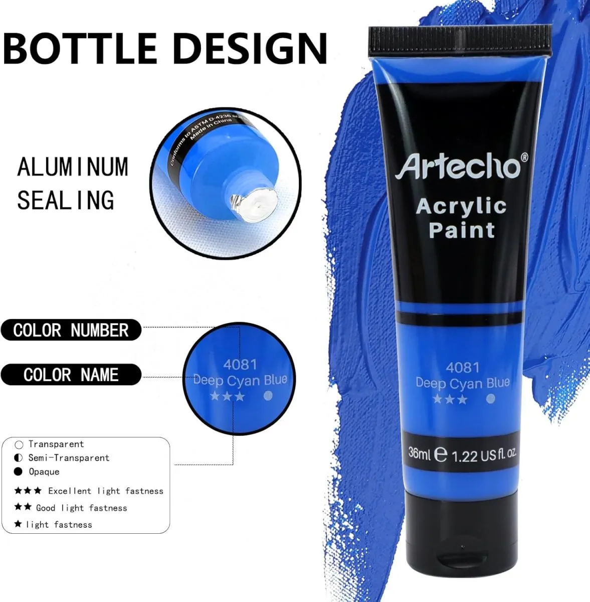 Artecho Acrylfarben Set 18 x 36 ml, Acrylic Paint Set, Wasserfest und Lichtecht, Schnell Trocknend, ideal für Leinwand, Papier und Stoffe, Geschenke zu Weihnachten und anderen Feiertagen — Bild 5